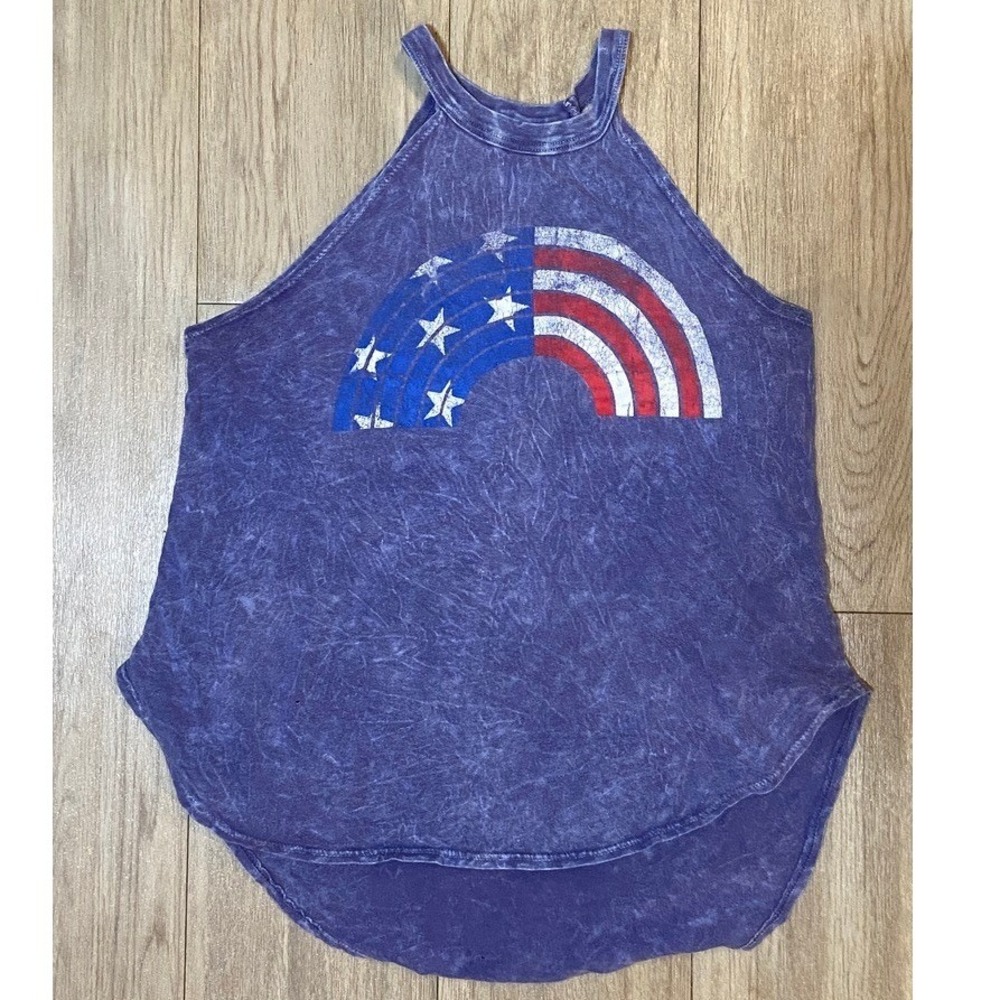 American Rag Women's XS Blue Acid Wash Patriotic Rainbow Halter Tank Top USA